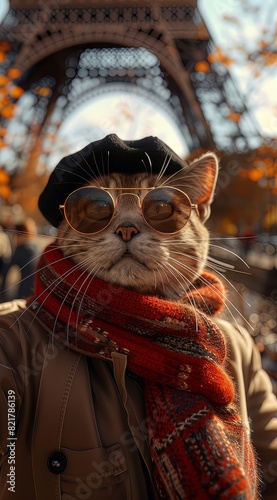 A cute cat wearing black beret, red scarf and sunglasses takes selfie in front of the Eiffel Tower in Paris