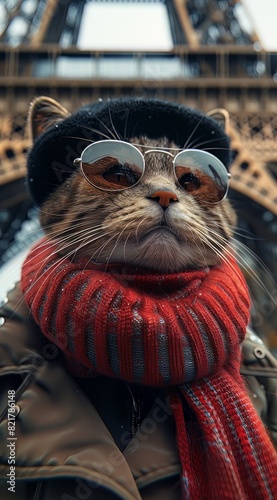A cute cat wearing black beret, red scarf and sunglasses takes selfie in front of the Eiffel Tower in Paris