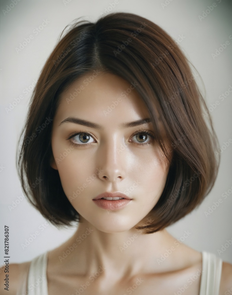 asian beautiful woman in white sundress bob shoulder length hair in white studio background asian beautiful woman in white sundress bob shoulder length hair in white studio background