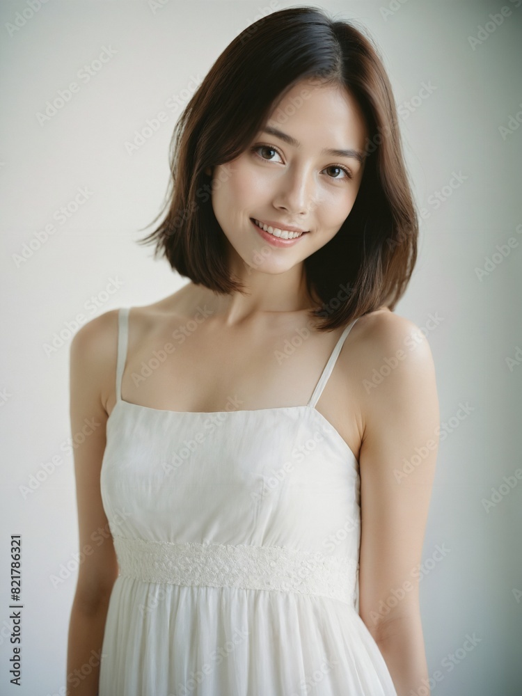 asian beautiful woman in white sundress bob shoulder length hair in white studio background asian beautiful woman in white sundress bob shoulder length hair in white studio background