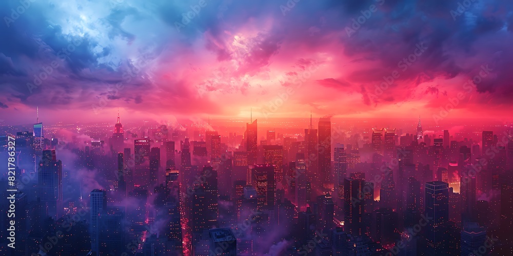 Vibrant City skyline dissolved into light awan blue, red, orange.