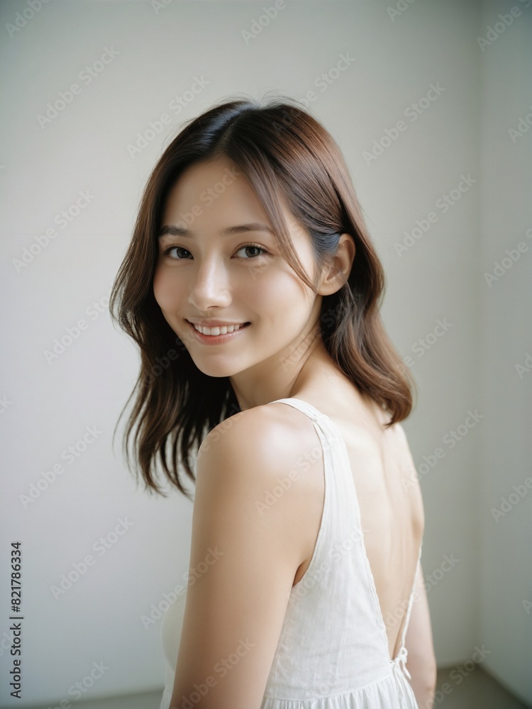 asian beautiful woman in white sundress bob shoulder length hair in white studio background asian beautiful woman in white sundress bob shoulder length hair in white studio background