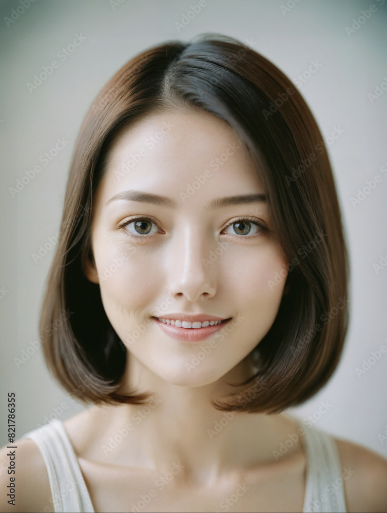 asian beautiful woman in white sundress bob shoulder length hair in white studio background asian beautiful woman in white sundress bob shoulder length hair in white studio background