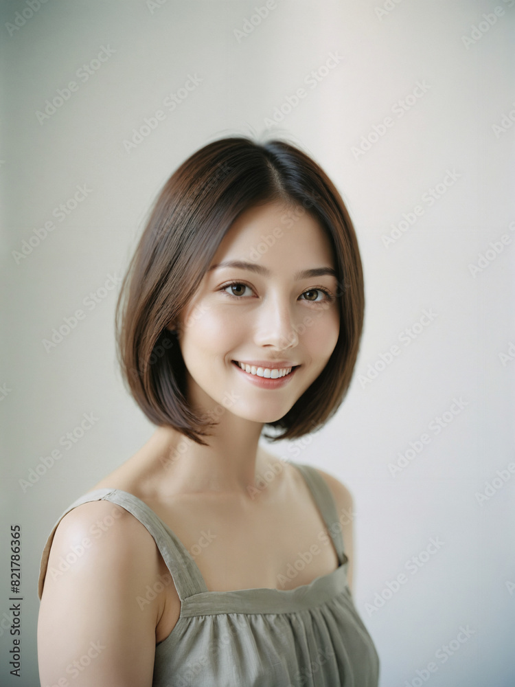 asian beautiful woman in white sundress bob shoulder length hair in white studio background asian beautiful woman in white sundress bob shoulder length hair in white studio background