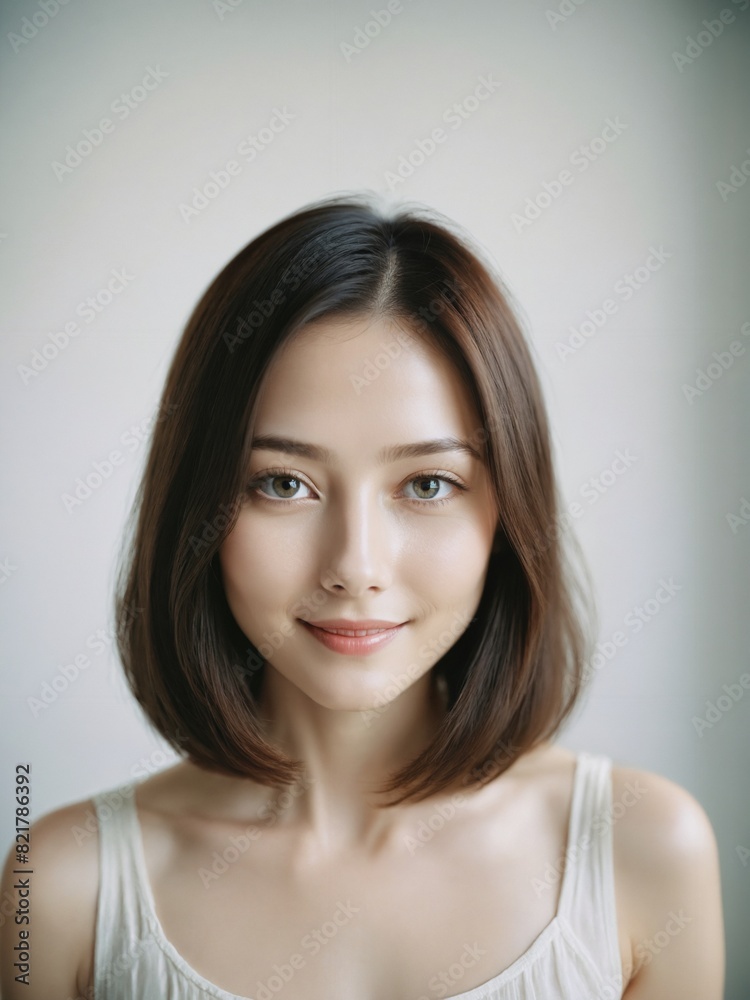 asian beautiful woman in white sundress bob shoulder length hair in white studio background asian beautiful woman in white sundress bob shoulder length hair in white studio background