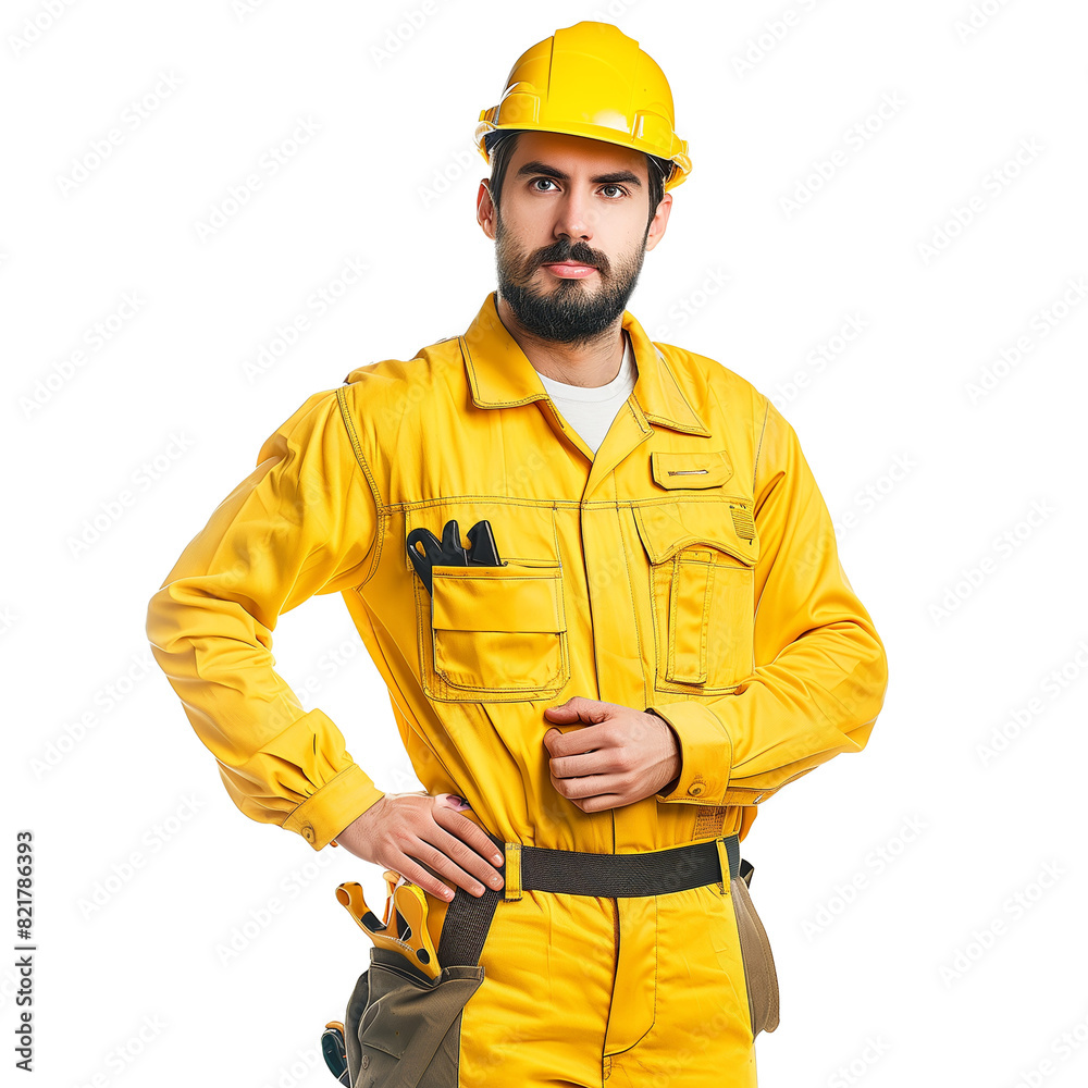 Confident Male Plumber in Yellow Suit on Transparent Background Confident Male Plumber in Yellow Suit on Transparent Background