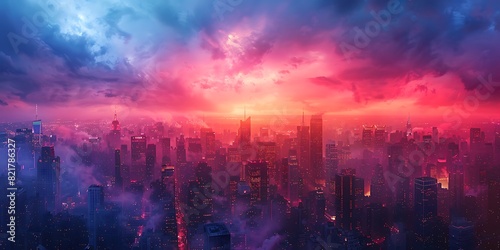 Vibrant City skyline dissolved into light awan blue, red, orange.