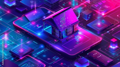 Control center for surveillance, home monitoring. Mobile phone screen with house building icon purple banner, ultraviolet website. Smart home isometric, internet of things concept modern photo