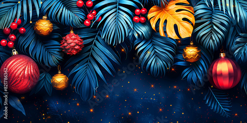 Christmas decorations with red and gold ornaments nestled among tropical leaves, ideal for festive holiday designs.