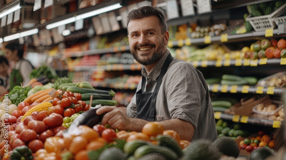 Arrangement of Organic Fruits and Vegetables by the Handsome Stock Clerk in an Apron at the Supermarket. Friendly, efficiently working worker in the store. Arrangement of Organic Fruits and Vegetables by the Handsome Stock Clerk in an Apron at the Supermarket. Friendly, efficiently working worker in the store.
