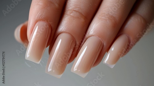 A woman's hand with a sleek, neutral-colored manicure is featured in this image. The long square nails are beautifully polished with gel, standing out against the neutral gray background.