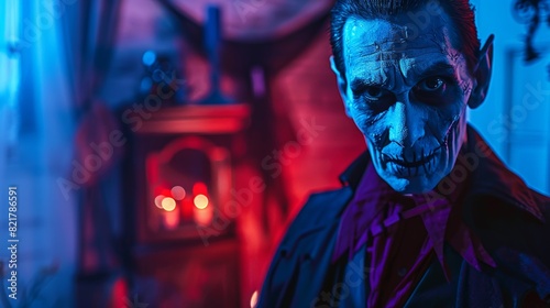 Halloween Costume Party: Portrait Shot of Count Dracula. A themed room with scarier décor. Deadly blue colors. photo