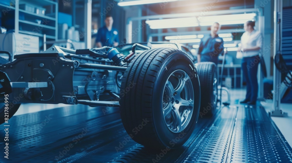 Obraz premium Working on Electric Car Chassis Prototype in Innovation Laboratory Facility Concept Vehicle Frame Includes Wheels, Suspension, Engine, and Battery.