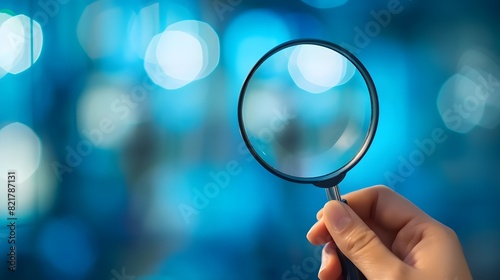 Hand holding magnifying glass on a blurred blue background