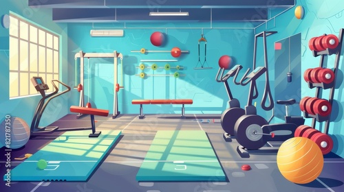 The gym is equipped with sports and fitness equipment, including running tracks, exercise bikes, benches, fitness balls, dumbbells, and yoga mats. The gym is empty. photo