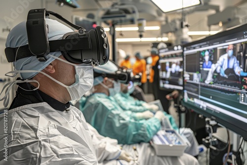 Surgeon wearing a VR headset performs a surgery with assistance of AI