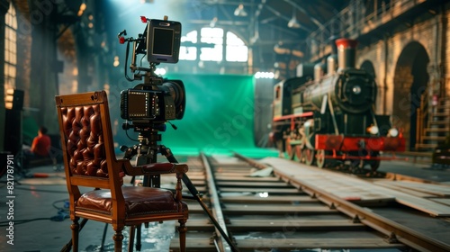 On a film studio set, a cameraman rides a trolley to film a green screen scene with actors for a history movie. In the background, a professional crew is shooting a historic movie.