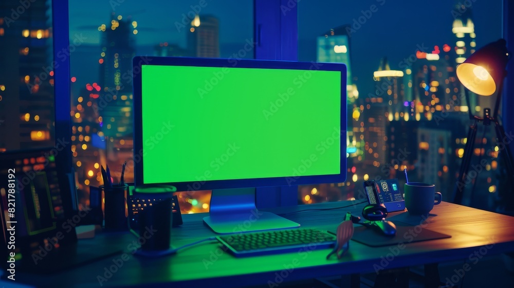 The Modern Creative Office has a desk computer with an attached green screen. The designer looks out the window at the night city while he drinks from a cup.