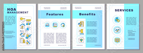 HOA management brochure template. Property owners association. Leaflet design with linear icons. Editable 4 vector layouts for presentation, annual reports. Arial-Black, Myriad Pro-Regular fonts used