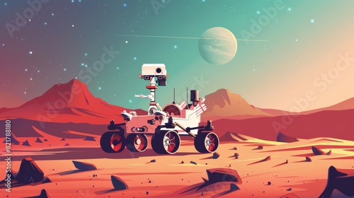 Exploring alien landscape with Mars rover on red planet surface. Robotic autonomous vehicle for space discovery and scientific research with huge wheels, antenna and solar panel, cartoon modern