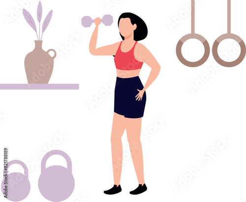 The girl is exercising with dumbbells.