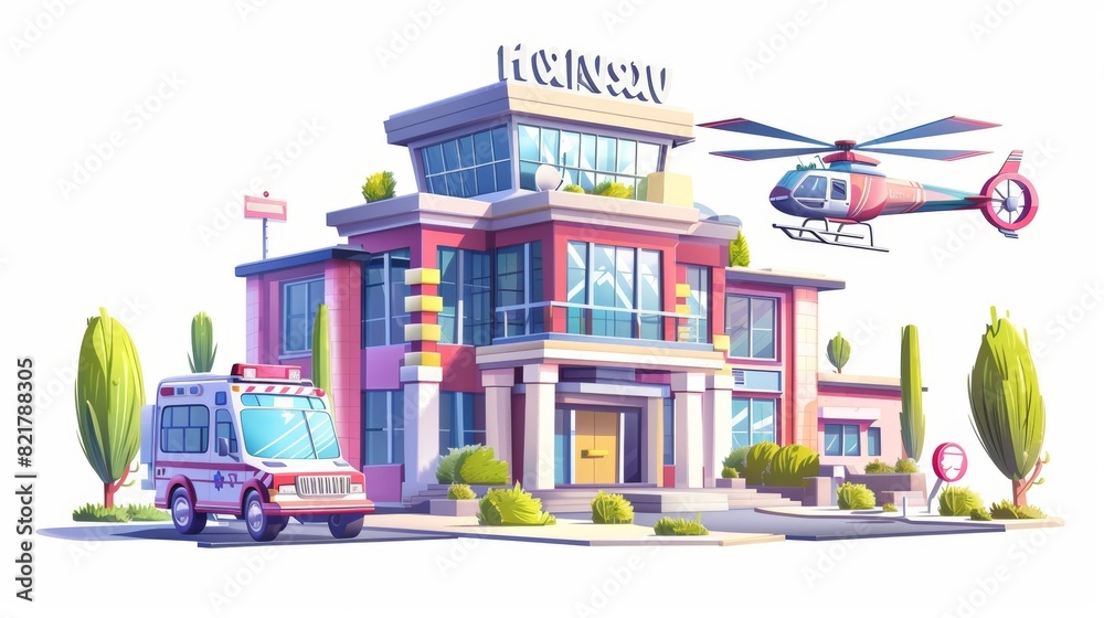 A hospital building, ambulance and helicopter on a white background. Cartoon illustration of medical services, such as urgent first aid, rescue, and ambulance services.