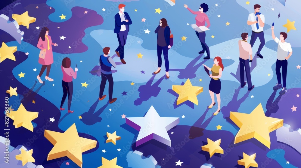Banner with customer review, feedback regarding quality, and experience report. Modern illustration of isometric people, stars, and chart for rating service landing page