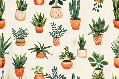 Assorted potted plants in colorful pots on a light background