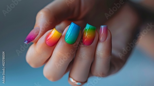 Closeup of woman hand with manicure with rainbow colored design