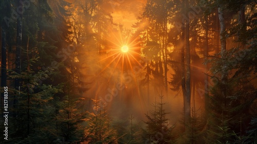 Bold Orange Sun Bursting Through a Misty Morning Forest  Awakening Nature