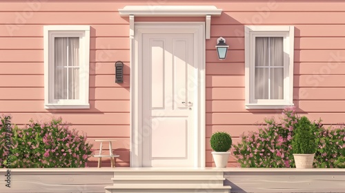 Modern realistic background of suburban apartment front with white closed door, windows, siding wall, and steps.