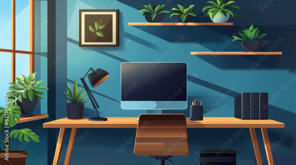 A modern home office with a computer screen, wooden table, chair, shelf, and black frames. Modern realistic interior with a monitor at the desk and a chair. A modern home office with a computer screen, wooden table, chair, shelf, and black frames. Modern realistic interior with a monitor at the desk and a chair.