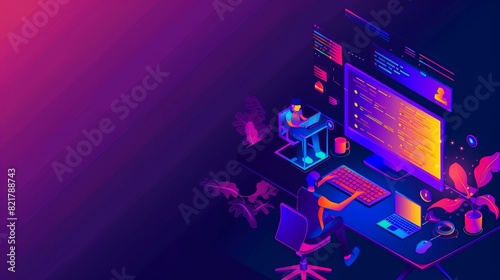 The concept of code testing banner shows search errors and bugs in software. Modern landing page of programming test with an isometric computer screen and people working on it.