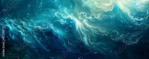 Abstract waves swirling in deep blues and greens, cascading from left to right along the bottom of the image, with a hint of light refractions. © Ibrar Artist