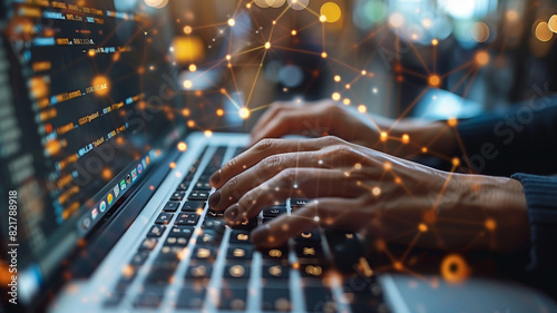 Close up human hand with computer laptop with hologram data background.