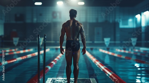 A strong male swimmer prepares for a competition by standing on a starting block. Cinematic light shows a determined pro swimmer preparing to dive into a pool.