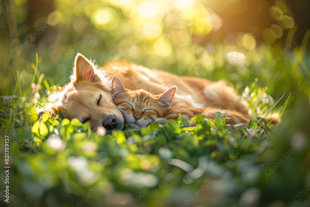 Fototapeta premium Lovely young dog and cat cuddling while sleeping in grass