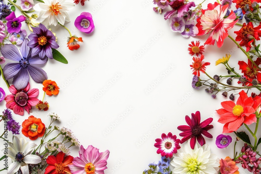A beautiful arrangement of colorful flowers of different varieties on a white background.