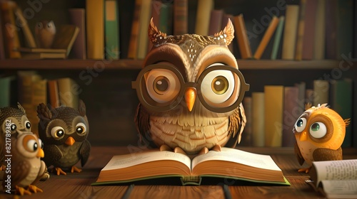 An adorable cartoon owl with glasses reads a book, representing a group of clever student kids. This teacher owl interacts with funny animal students.
