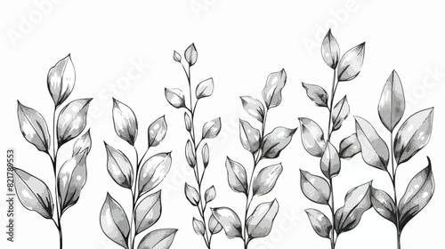 Black and white line art illustration leaves on a white background