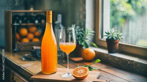 An orange bottle of wine and a filled glass of orange wine on a wooden cutting board photo