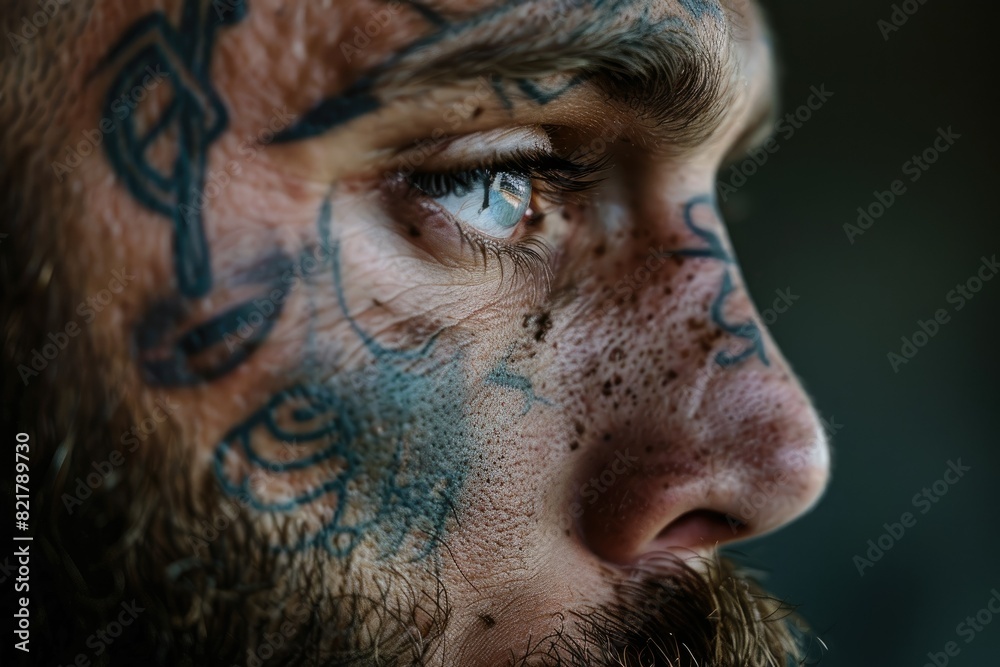A man's face with a tattoo, showcasing a strong and unique look.

