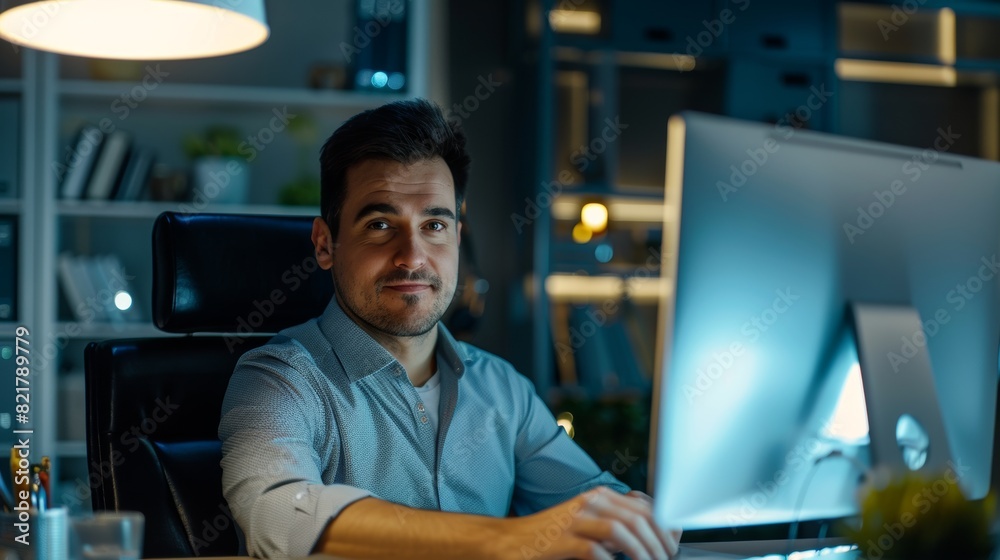 A successful Latin IT Software Engineer working on a laptop at his desk, smiling and looking into the camera. Portrait view of a modern office businessman working on a computer. A successful Latin IT Software Engineer working on a laptop at his desk, smiling and looking into the camera. Portrait view of a modern office businessman working on a computer.