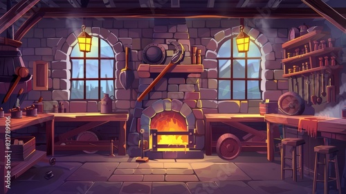 In a smithy workshop, a blacksmith works with hammers and anvils. Modern cartoon interior of smithy workshop with brick furnace with fire, shelves displaying tools and metallurgy equipment. photo