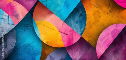 Vibrant abstract geometric background with colorful shapes and patterns, blending different hues and textures for a dynamic and modern look.