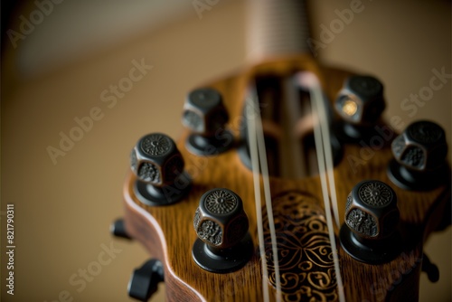 Close-up of a guitar headstock with ornate tuning pegs
