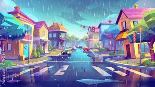 An urban landscape with residential buildings, trees, and a pedestrian overpass road with rain on the road and houses. Modern cartoon cityscape with houses, pedestrian crosswalks, and traffic lights.