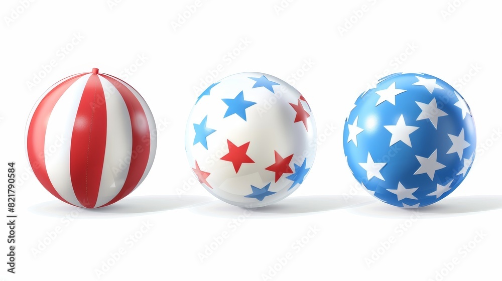 Realistic 3d modern illustration of beach balls in white, red and blue colors with stars, isolated object, rubber bouncy balloons in various positions. Realistic 3d modern illustration of beach balls in white, red and blue colors with stars, isolated object, rubber bouncy balloons in various positions.