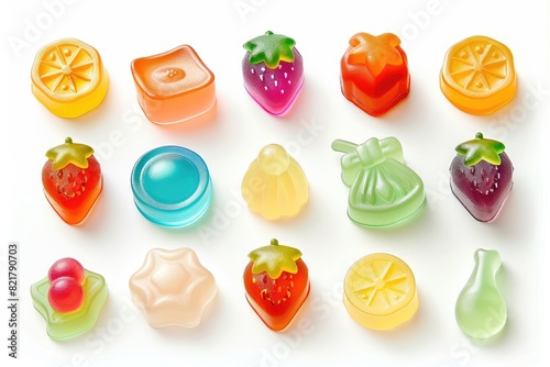Colorful gummy candies. Strawberry, lemon, orange, grape, pear, and other fruit flavors.