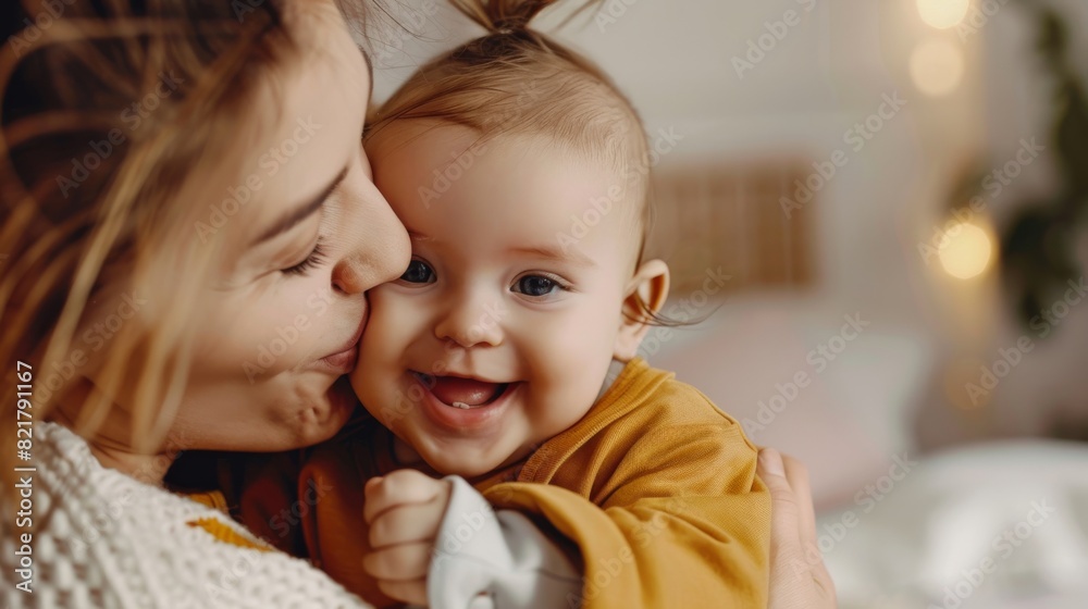 Playful mother holding a newborn baby above her, kissing infant child on the cheek. Concept of Childhood, New Life, Motherhood. Playful mother holding a newborn baby above her, kissing infant child on the cheek. Concept of Childhood, New Life, Motherhood.